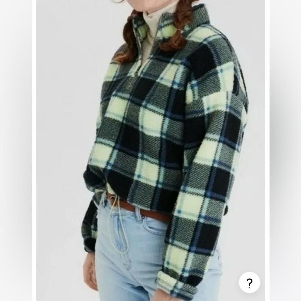 American Eagle Cropped Plaid Sherpa Pullover Quarter Zip